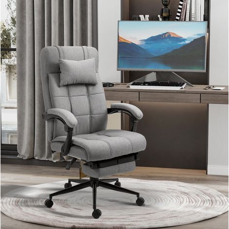 Silla de oficina de lino gris claro con reposacabezas, reposabrazos ajustables, respaldo 90-155°, 66 x 76 x 112-120 cm (1/5)