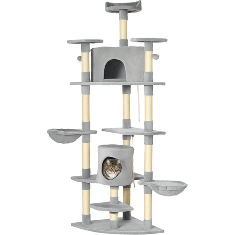 Arbre à chat haut avec niches et hamacs confortables, dimensions 60 x 60 x 200 cm, finition gris clair élégante, structure stable et idéale pour jouer, grimper et se reposer