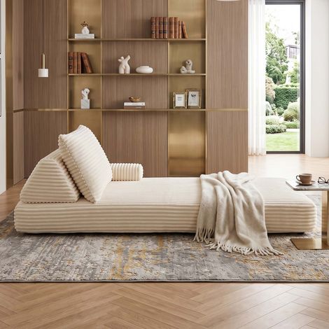 Creahappy Canapé Modulaire Lit Banquette 212x107 cm - Gain de Place & Dossier Amovible - Tissu Velours Côtelé Contemporain - Blanc Crème (1/5)