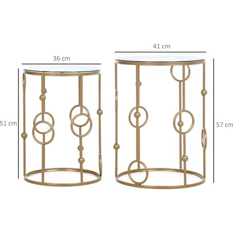 Set 2 tables gigognes avec plateau verre, design boule et roue, Ø41x57cm, doré, plateau transparent élégant et structure design (1/5)