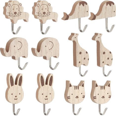 Patère Enfant - 12 Pièces - Bois Naturel - Formes Animaux - Chambre et Vestiaire - 55 à 85 mm (1/5)