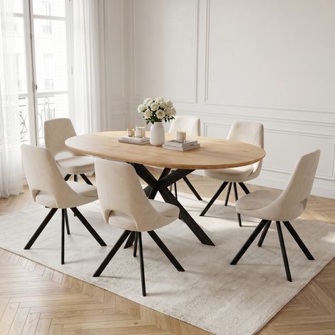 Ensemble de table à manger ronde extensible, plateau rond en MDF finition chêne (110-150 cm), style moderne et contemporain pour la salle à manger et la cuisine (6 chaises, Flanelle, Beige)