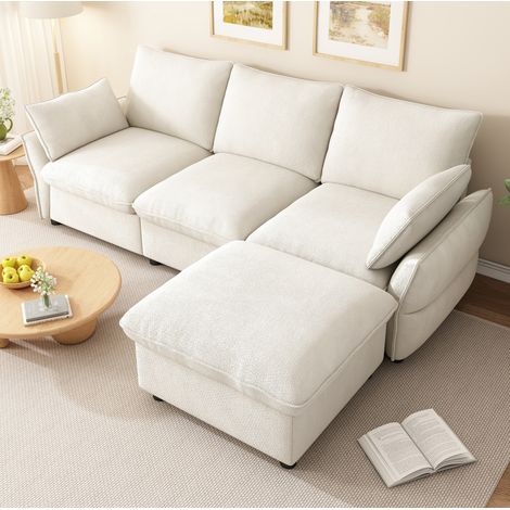Divano angolare 222,5 x 154,5 x 76,5 cm beige con ottomana, ciniglia MEUBLIV