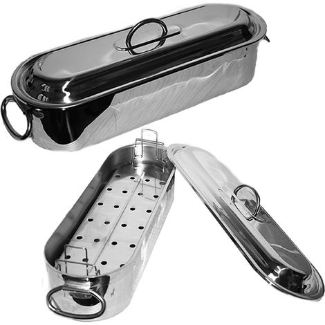 Pesciera con griglia coperchio cuoci pesce becchetti acciaio inox 18/10 manici reclinabili casseruola pentola ovale per cucina (1/5)