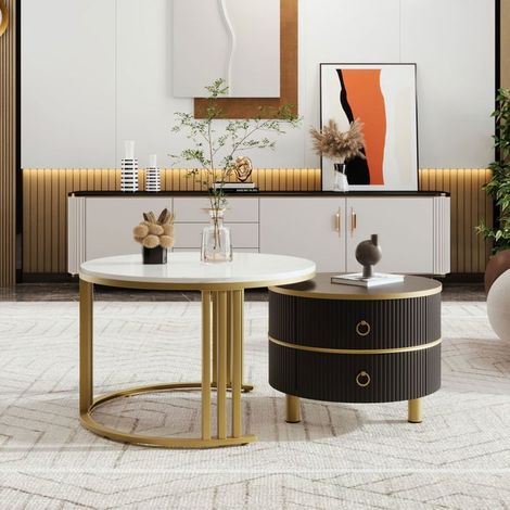 Table basse 70x70, plateau effet marbre salon, rangement intégré, piètement métal (1/5)
