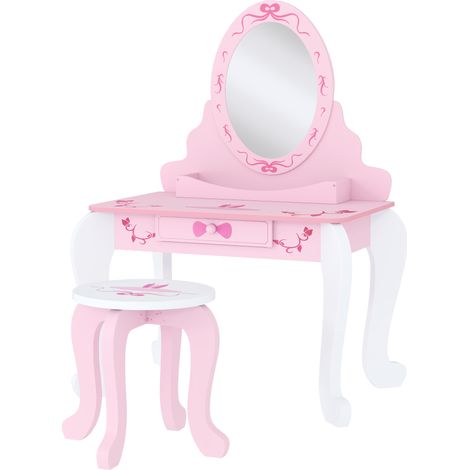 Kids Dressing Table Set, Vanity Table with Stool, Mirror, Drawer, Desktop, Storage, Ballet-me, Pink (1/5)