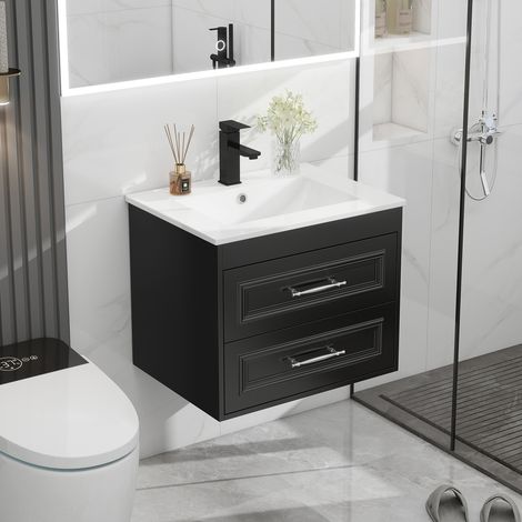 Puluomis Ensemble meuble-lavabo-vasque murale de 60 cm avec robinetterie-design noir- meuble en bois-vasque rectangulaire en céramique blanche-robinetterie intégrée (1/5)