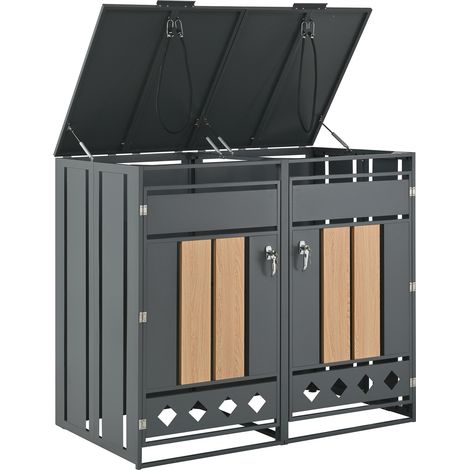 Mülltonnenbox 132x80x118,5 cm, 2 Fächer, abschließbar, mit Klappdeckel, verzinkter Stahl, wetterfest, grau mit Holzmaserung