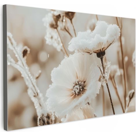 TABLEAU SUR TOILE Fleurs - Hiver - Blanc - Neige - Beige Décoration Chambre 30x20 cm