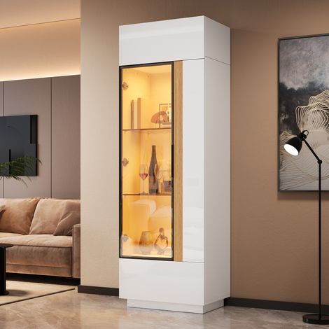 Vitrine 60x40x180 cm avec porte vitrée, cadre aluminium, rangement fermé, éclairage LED connecté, meuble colonne moderne en PB - Blanc (1/5)
