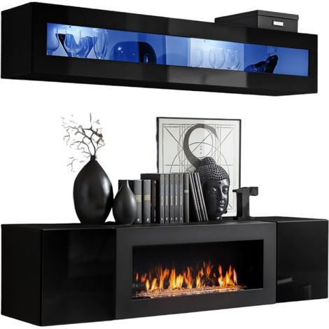 Mobili sospesi con camino decorativo collezione FLY N2. Colore nero.