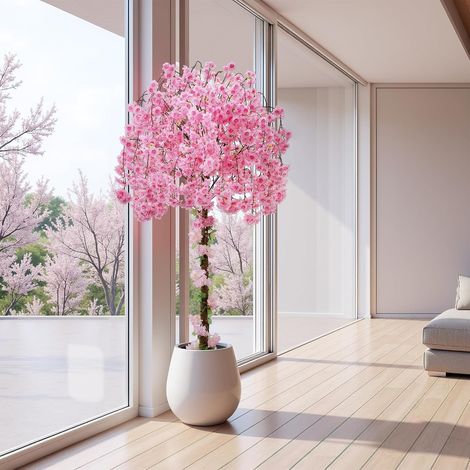 Cerisier artificiel en fleurs - 1,8 m de haut avec pot blanc - Plante artificielle en soie pour la maison, le bureau, un mariage, un jardin, une fête, une décoration d'hôtel - Rose (1/5)