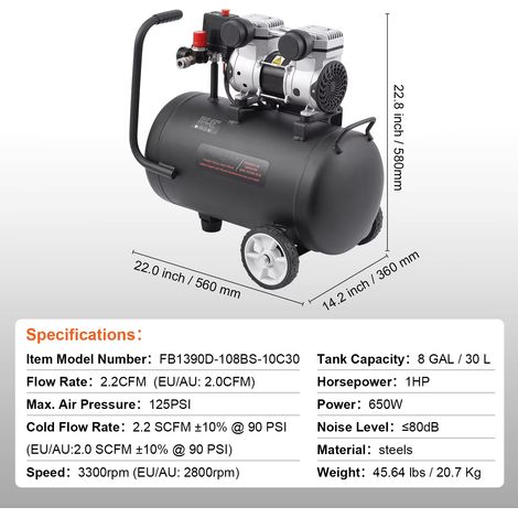 Compresseur portable 30 L – Sans huile – Silencieux – Gonflage pneus – Utilisation auto (1/5)