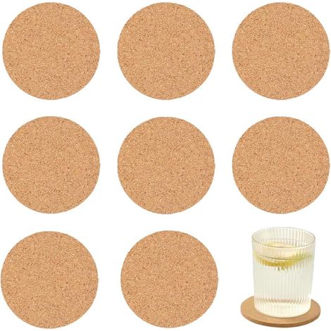 Lot de 8 sous-verres ronds en liège (10 cm x 1 cm d'épaisseur) en verre et bois antidérapants, parfaits pour le thé, le café et les cocktails. Accessoires de bar résistants à la chaleur et réutilisabl