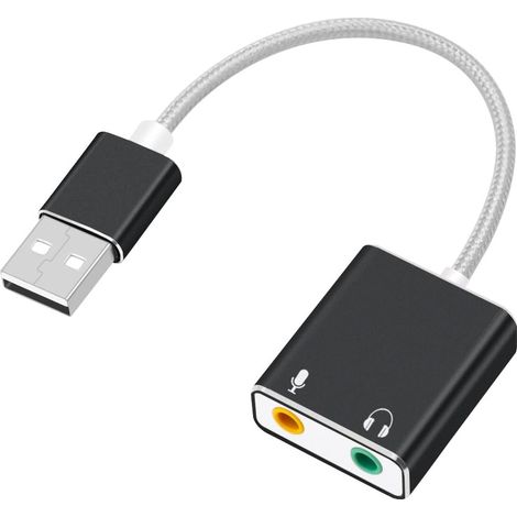Adaptateur audio USB stéréo externe en aluminium, gaine tressée en nylon, avec prises casque et microphone, noir. (1/5)