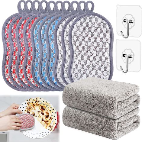 Set of 14 reusable sponges with 2 dishcloths and 2 hooks. Durable scouring sponge, scratch-resistant microfiber for dishes, pots, and pans. (1/5)