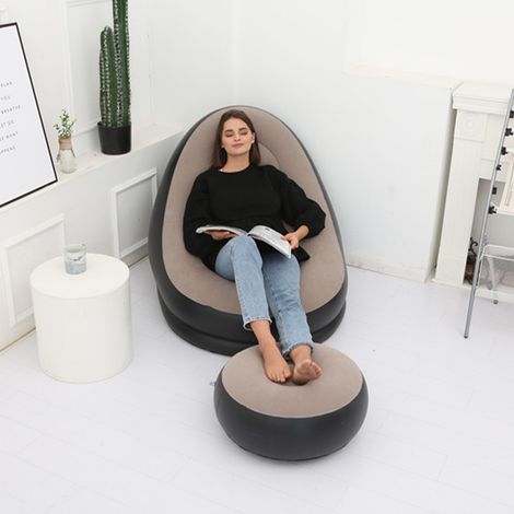 Fauteuil gonflable pliable en PVC floqué confortable avec repose-pieds, idéal pour le camping, les voyages et le café. (1/5)
