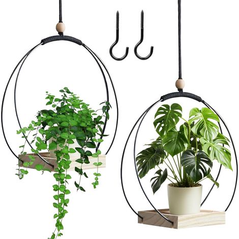 2 Pièces Suspension Plante Intérieure, Pot Suspendu Plant Interieur, Macrame Suspension Plante Suspendue, Anneau en Métal avec Base en Bois, Crochet de Inclus
