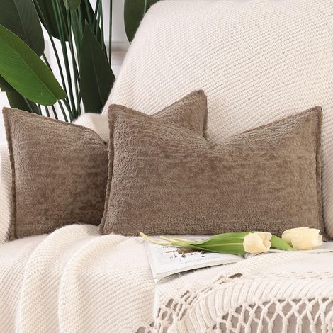 Lot de 2 Doux Housses de Coussin en Chenille Velours avec Bordure Décorative pour Canapé Chambre à Coucher Salon Taupe 30x50 cm (1/5)