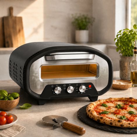 Four à Pizza Électrique d'Intérieur 2200 W jusqu'à 430°C, Pierre en Céramique Ø30,5 cm, Minuteur 60 min, Noir (1/5)
