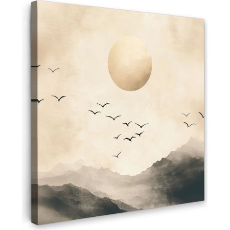 TABLEAU SUR TOILE Paysage - Japandi - oiseau Tableau Chambre Adulte 90x90 cm