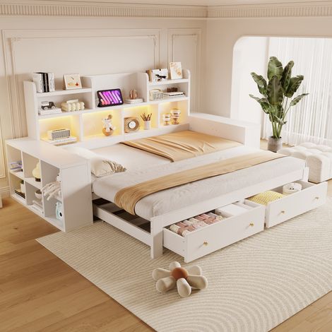 Canapé-lit convertible en bois et MDF 90x200cm dépliable en 180x200cm,lit coffre avec tiroirs et rangements,éclairage LED et prise,sans matelas,blanc (1/4)