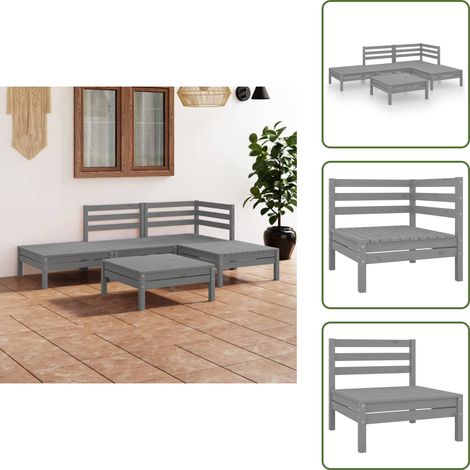 5-tlg. Garten-Lounge-Set Massivholz Kiefer Grau - Outdoor Lounge Set - Gartenmöbel - Rattan Möbel - Kiefernholzmöbel - Garten Sofa Set (1/5)