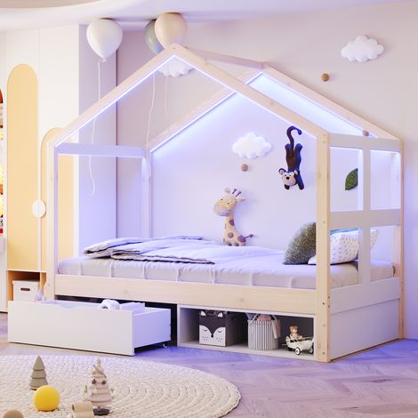 REDOM Lit cabane 90x190 cm avec tiroir de rangement, meuble à chaussures compact, bande lumineuse multicolore, bois, bois naturel (Sans matelas)