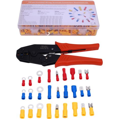 Kit 700 Cosses Isolées + Pince à Sertir Ergonomique, Connecteurs Électriques Auto Marine Camion, Rouge Bleu Jaune, Boîte Rangement (1/5)