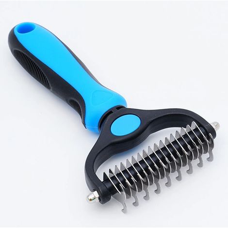 Brosse pour animaux de compagnie double face pour chiens et chats, outil de toilettage pour poils emmêlés, bleue[J] (1/5)