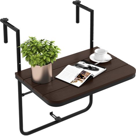 COSTWAY Mesa Colgante Plegable de Balcón, Altura Ajustable en 3 Niveles, Barandas de 3-15 cm, Mesa Plegable Balcon, Terraza, 40X60cm, hasta 30kg (café) (1/5)