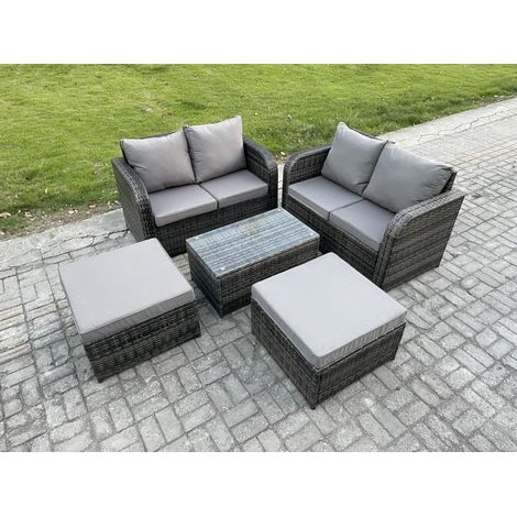 Fimous Salon de jardin en rotin 6 places avec Table basse rectangulaire 2 grand tabouret Mélange gris foncé (1/4)