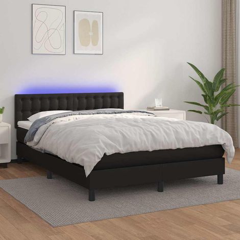 Cama box spring colchón y LED cuero sintético negro 140x200 cm (1/5)