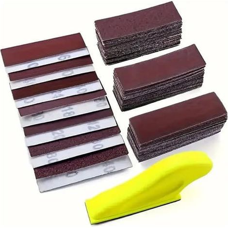 Ensemble de papier de verre 30x93mm, papier de verre floqué à main, rectangulaire, bricolage pour le travail du bois - ensemble de papier de verre rouge + support à main. (1/4)