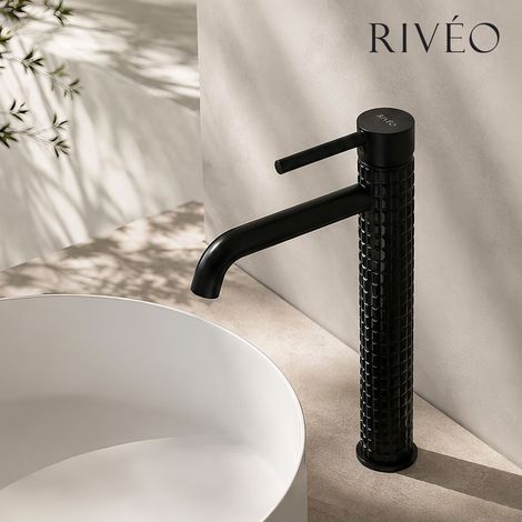 Mitigeur lavabo haut noir mat à motif texturé pour vasque à poser - RIVÉO (1/5)