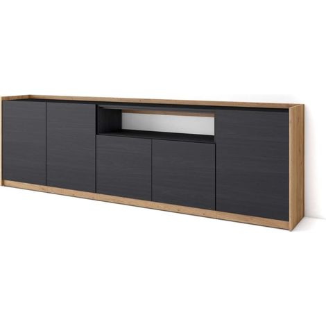 Aparador Arriate-01 de 260x80x37 cm con 5 puertas, color negro y roble (1/4)