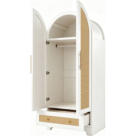 Kleiderschrank Weiß mit Schubladen und Ablagefächern, Schmaler Doppeltürschrank in Rattanoptik, Garderobenschrank für Schlafzimmer, 70x55x170 cm (1/5)