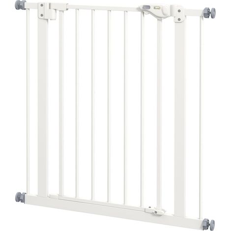 Puerta Barrera de seguridad para perros, Barrera de seguridad, 74-80 cm, Barrera de escalera para mascotas, Barrera para perros, Barrera protectora sin taladrar, Metal, Plástico, Blanco