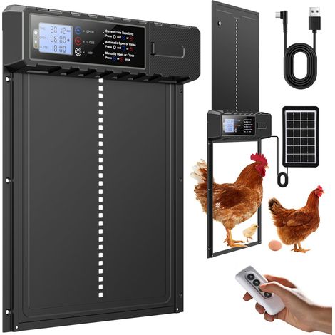 Porte Automatique Poulailler Solaire Grande Taille 27.5x36cm avec Télécommande&USB-C Cable,Porte Poulailler en Aluminium Étanche,3 Modes,Affichage LED,Sécurité Anti-Pincement,Minuterie