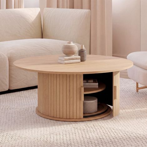 JULIETTE Mesa de centro redonda de 100 cm con listones de madera color roble (1/5)