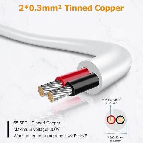 22 AWG 2 Core 2 x 0.3 mm² 20 m White Tinned Copper Wire, 5 V/12 V/24 V, 300 V, Flexible Cable for Outdoor Use (1/4)