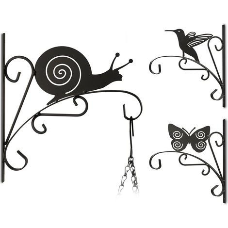 3x Plant Hook, Flower Hanger for the Wall, Metal Garden Decor, Different Motifs, HxWxD: 30 x 28 x 2 cm, Black (1/5)
