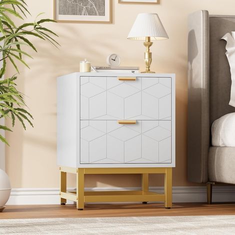 Table de Chevet Moderne 2 Tiroirs avec Poignées Dorées, Meuble de Rangement Compact, Blanc (1/5)