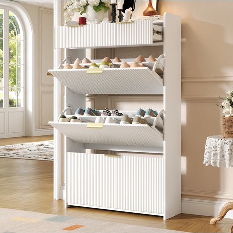 Zapatero estrecho 80 x 25 x 135 cm con 3 compartimentos abatibles y 2 cajones, blanco, tablero de partículas (1/5)