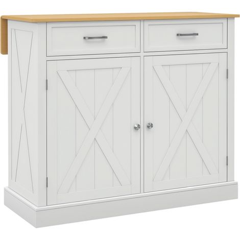 Îlot de cuisine mobile avec plan de travail en bois pliable, 2 portes, 2 tiroirs, étagère réglable et 4 roulettes, 105 x 60 x 90,5 cm, blanc (1/5)
