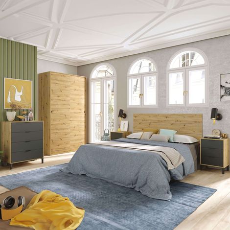 Pack Dormitorio Cabecero 135/150 cm con 2 Mesitas + Cómoda+Armario Color Roble Nodi y Gris Antracita (1/5)