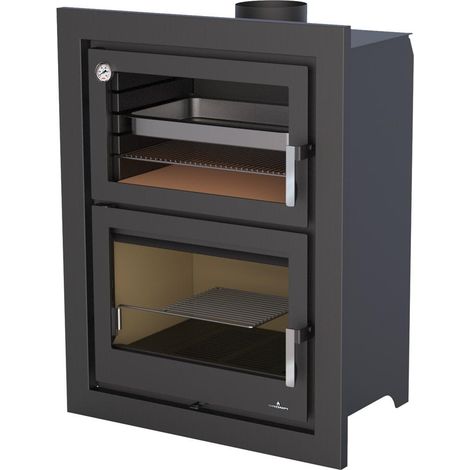 Bronpi – Insert à bois raccordable avec four – Puissance 14 kW – Rendement 85% – Pour bûches jusqu'à 62 cm – Kit air direct inclus
