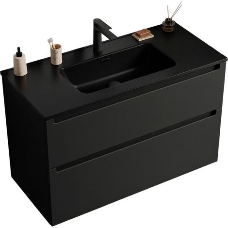 Waschtischunterschrank Bernstein VIREO 80cm mit Waschbecken Schwarz Badmöbel: Schwarz matt