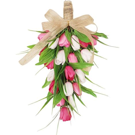 【Arbre à tulipes suspendu en ruban de lin - Rose】Couronne de tulipes artificielles à suspendre pour mariage, décoration intérieure et extérieure (1/2)
