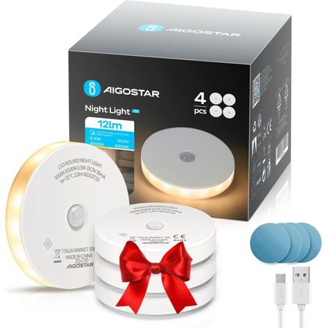 ZVD Paquet de 4 lampes de nuit LED avec capteur de mouvement, lampes à 2 températures de couleur, éclairage de meuble autocollant, rechargeable USB – équipées de bandes magnétiques, idéales pour chamb (1/4)